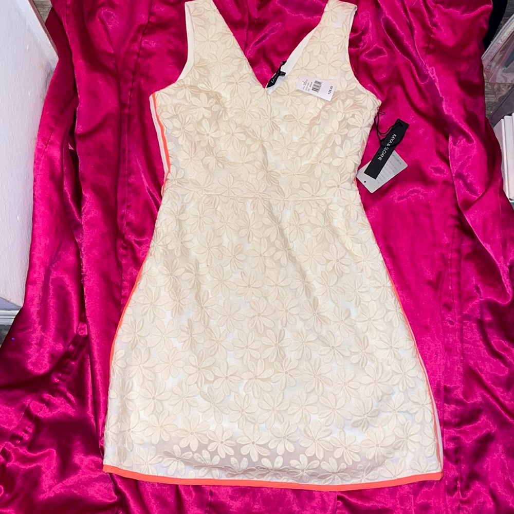 Nordstrom Cream Floral Lace V-Neck Sleeveless Dress with Coral Trim